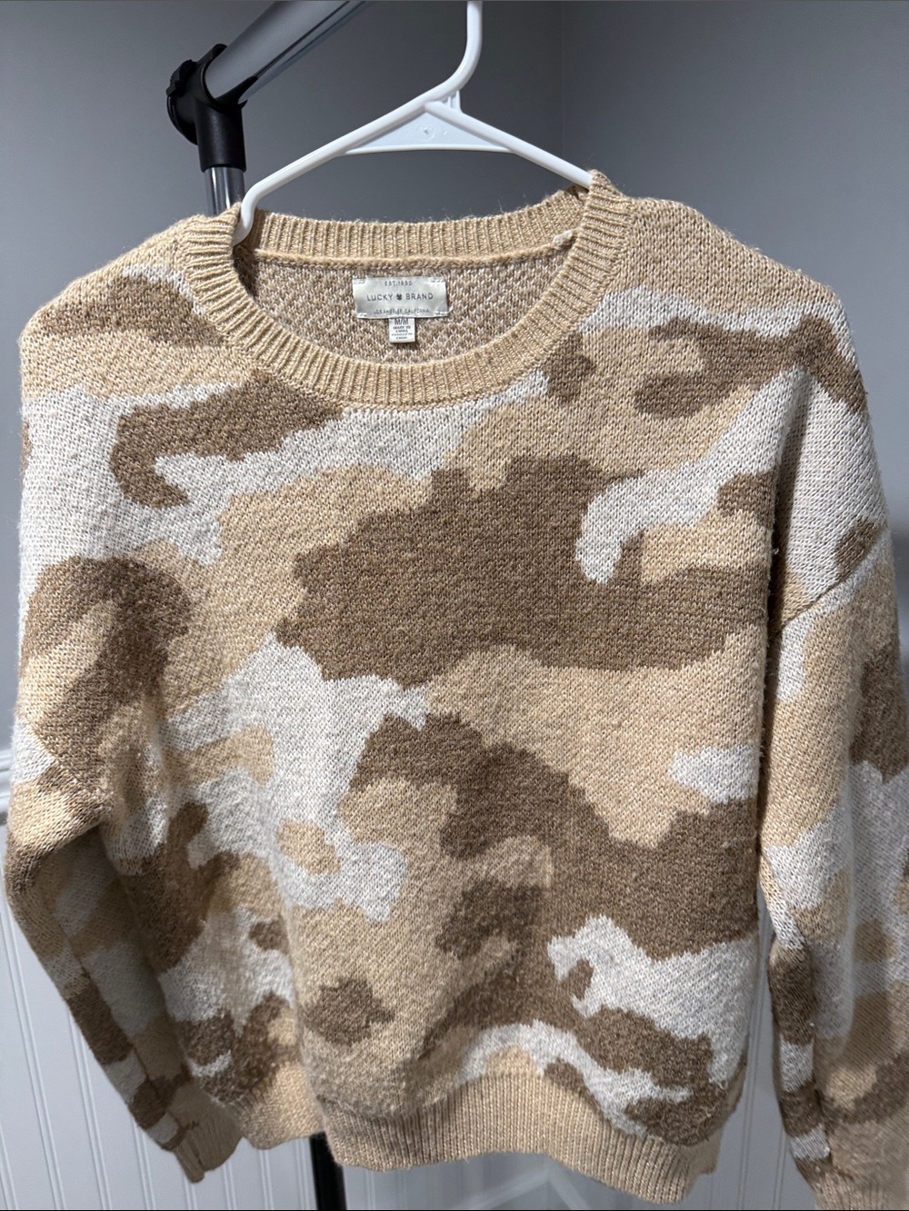Lucky Brand Beige Camo Crewneck Sweater